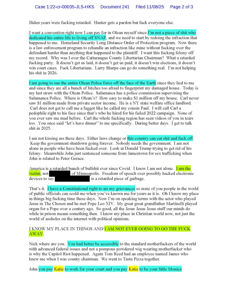 an email from luke wenke to judge john sinatra demanding a cleared record and blaming his stalking victims for his problems november 2025