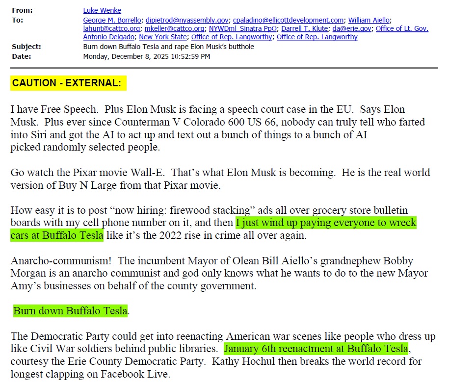 luke wenke threatening to ram cars into a tesla dealership december 2025