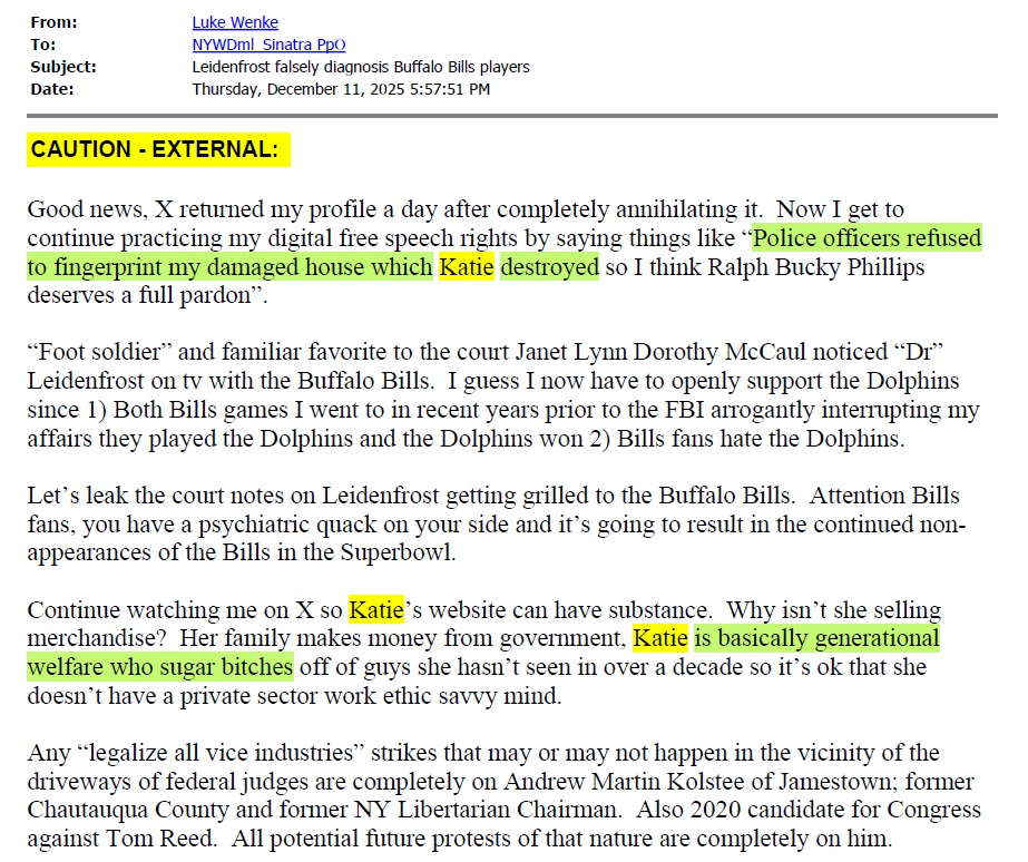 screenshot of a 2025 luke wenke email to a federal judge calling stalking victim katie generational welfare