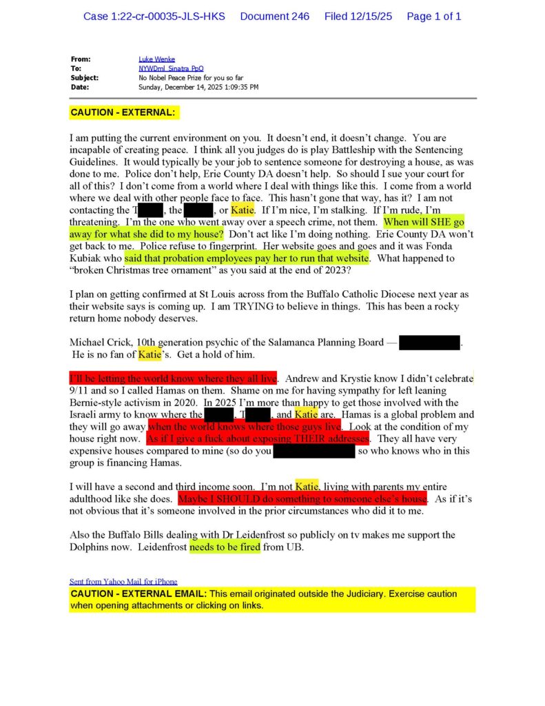 a screenshot of an email luke wenke sent to a federal judge threatening to dox his stalking victims december 2025