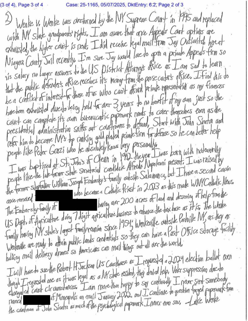 a letter from luke wenke to the us second circuit court of appeals in nyc may 2025