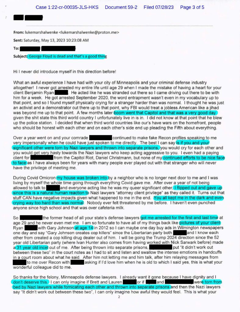 email that luke wenke sent to cyberstalking victim's business partner may 2023