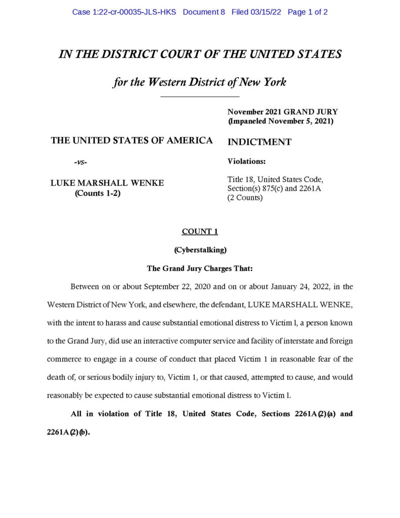 federal grand jury indictment against cyberstalker luke wenke march 2022