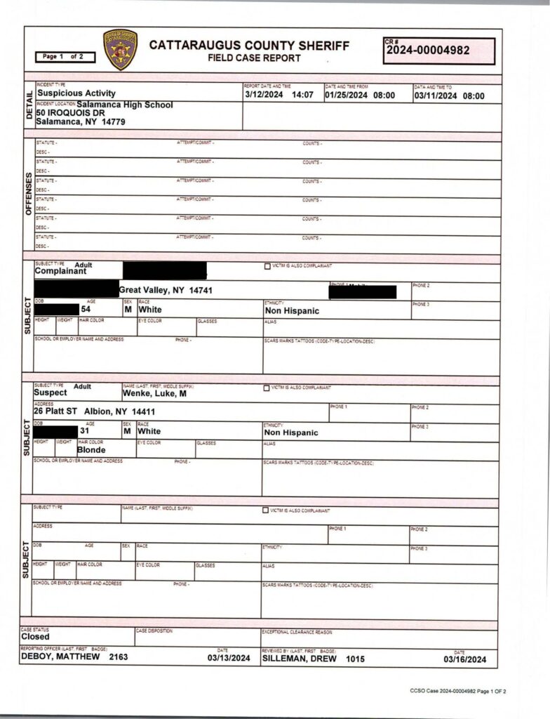 2023 police report against luke wenke for sending unwanted mail to his former high school principal