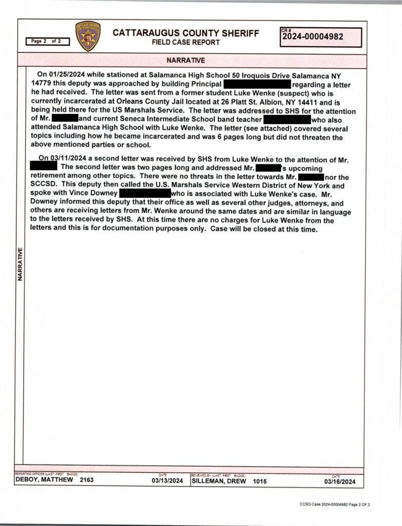 2023 police report against luke wenke for sending unwanted mail to his former high school principal