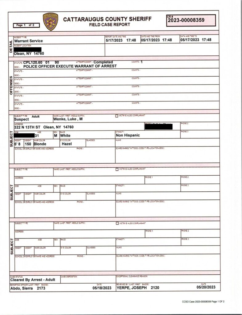 2023 police report about arresting luke wenke in olean ny on a federal warrant