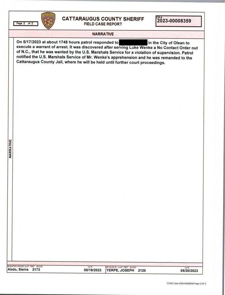 2023 police report about arresting luke wenke in olean ny on a federal warrant
