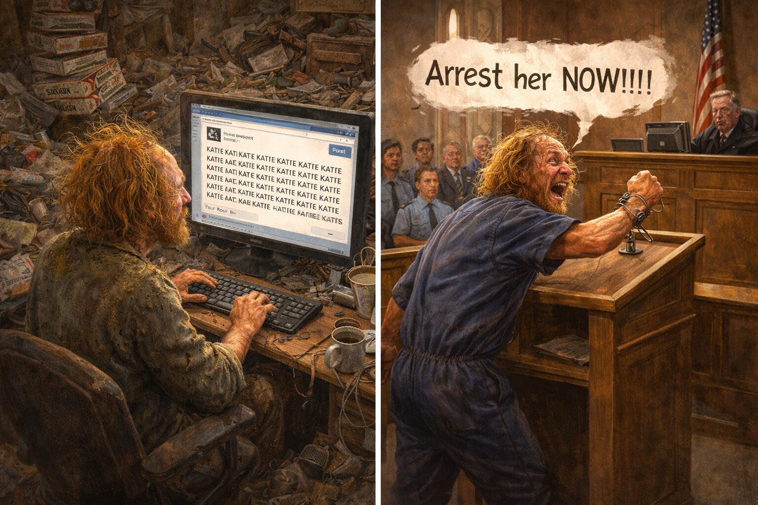 disheveled man hoarded office courtroom demanding arrest