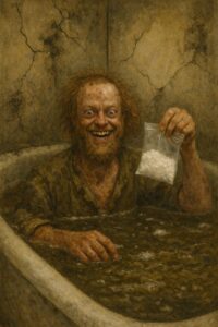 a painterly image of a filthy, unkempt man in a dirty bathtub filled with brown water while holding a bag of white powder