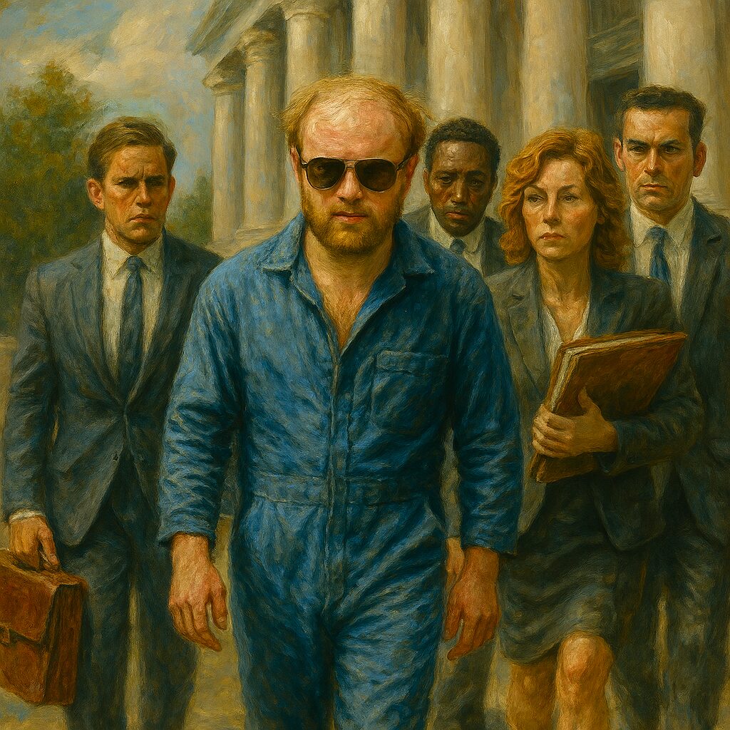 balding white mail inmate outside courthouse blue jumpsuit entourage defense team