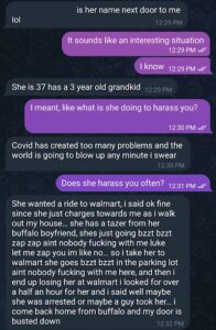 screenshot of a telegram conversation between luke wenke and stalking victim katie about alleged home break-in 2021