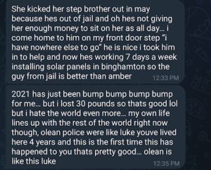 screenshot of a telegram conversation between luke wenke and stalking victim katie about alleged home break-in 2021