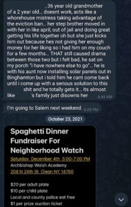 screenshot of a telegram conversation between luke wenke and katie about his neighbor breaking into his house in olean ny 2021