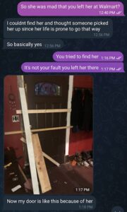 screenshot of a telegram conversation between luke wenke and stalking victim katie about alleged home break-in 2021