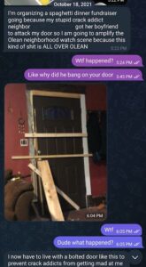 screenshot of a telegram conversation with luke wenke falsely accusing his neighbor of home break-in in 2021