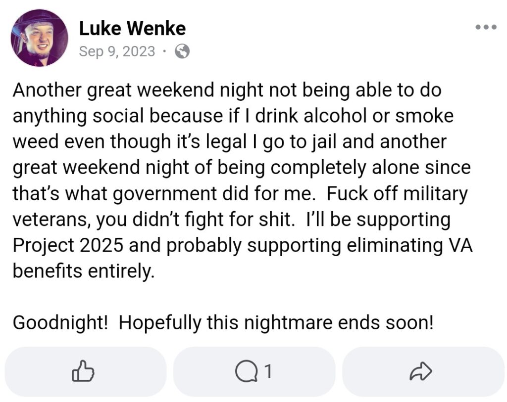 luke wenke tells us military veterans to fuck off in a september 2023 facebook post