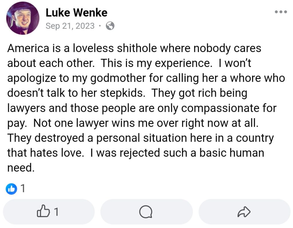 luke wenke calls america a loveless shithole on facebook september 2023