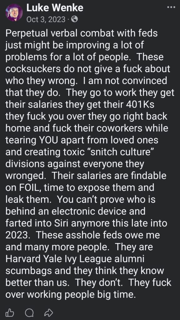 luke wenke calls federal authorities scumbags and blames them for his life problems october 2023