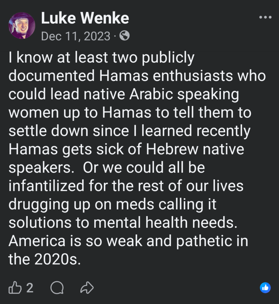 luke wenke mocks mental health treatment & speaks in code about his stalking victims december 2023