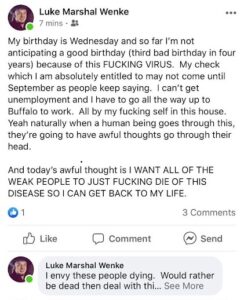 luke wenke complaining because covid ruined his birthday 2020
