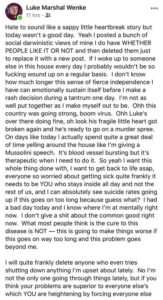 screenshot of a self-pitying incel rant that luke wenke posted during the covid-19 pandemic 2020