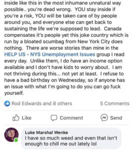 screenshot of a self-pitying incel rant that luke wenke posted during the covid-19 pandemic 2020