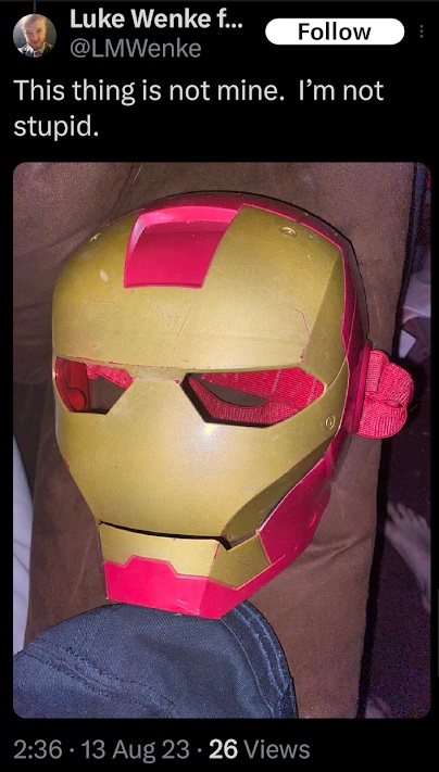 luke wenke claims an intruder left a weird mask in his house x/twitter screenshot august 2023