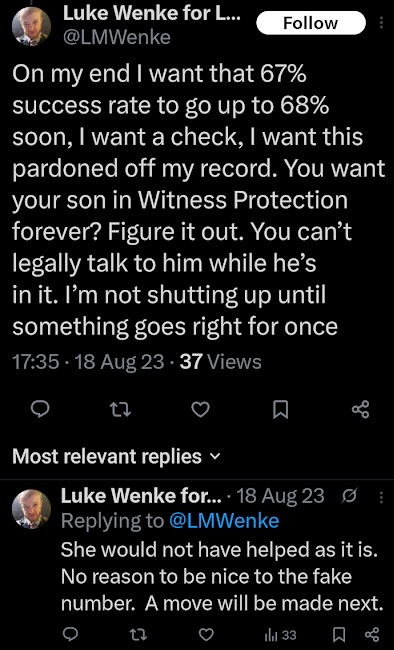 luke wenke demands a wrongful incarceration check x/twitter screenshot august 2023