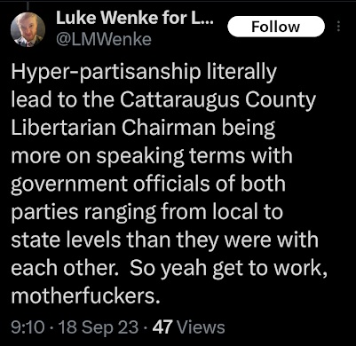 luke wenke barks demands at the libertarian party x/twitter screenshot september 2023