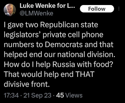 luke wenke brags about giving politicians' phone numbers to other politicians x/twitter screenshot september 2023