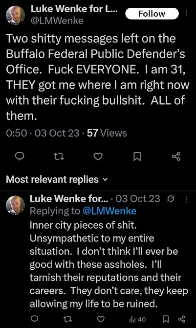 luke wenke admits to harassing the federal public defender's office with a barrag of phone calls x/twitter screenshot october 2023