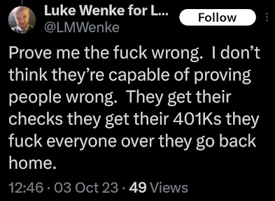 luke wenke challenges the authorities to prove him wrong x/twitter screenshot october 2023