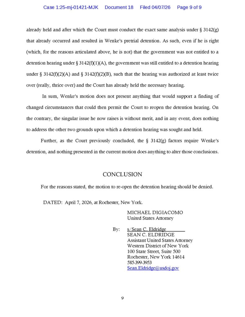 usa v. luke wenke prosecution's opposition to defense motion for new bail hearing april 2026