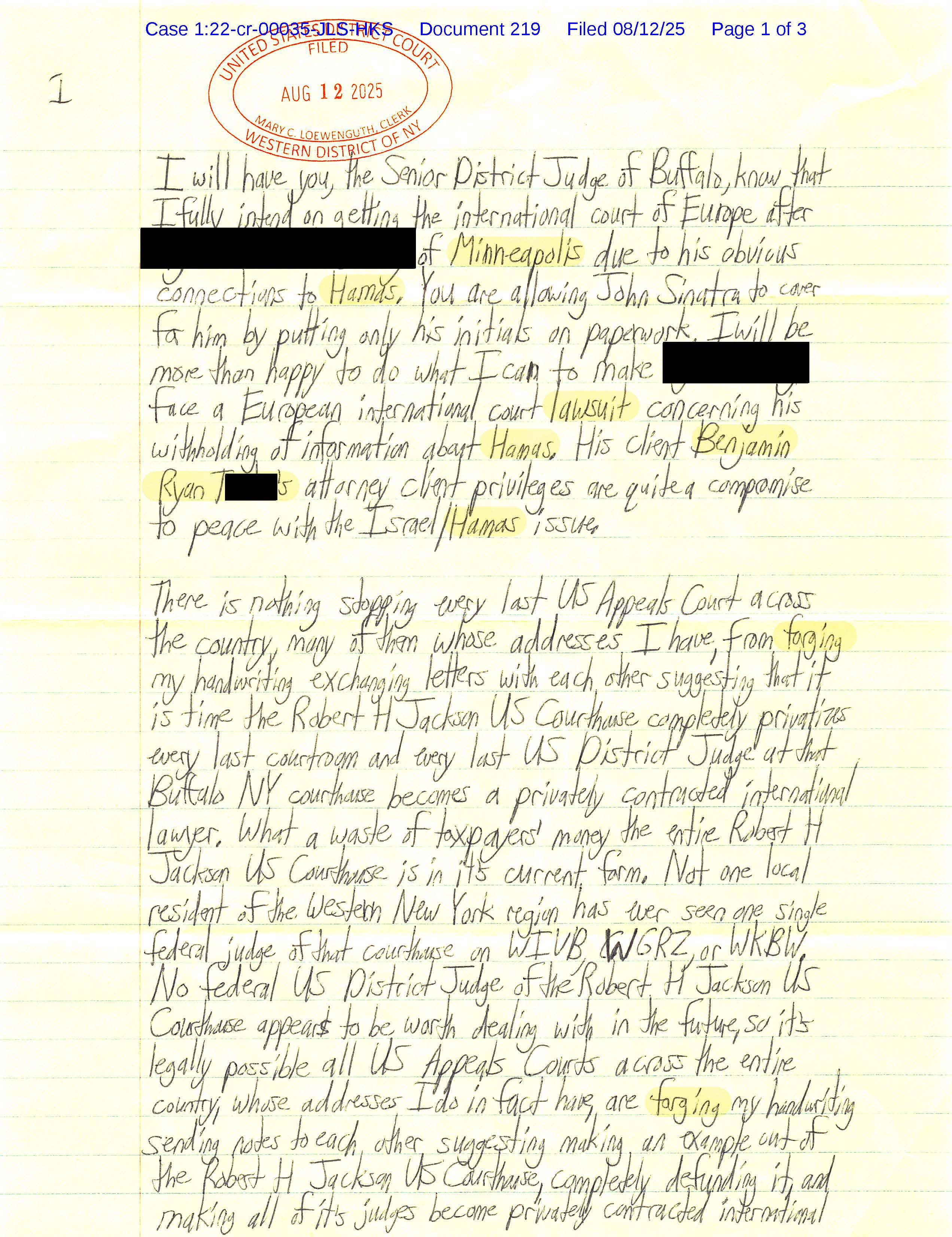 A letter from Luke Wenke to the Honorable Richard J. Arcara; 08/10/2025.