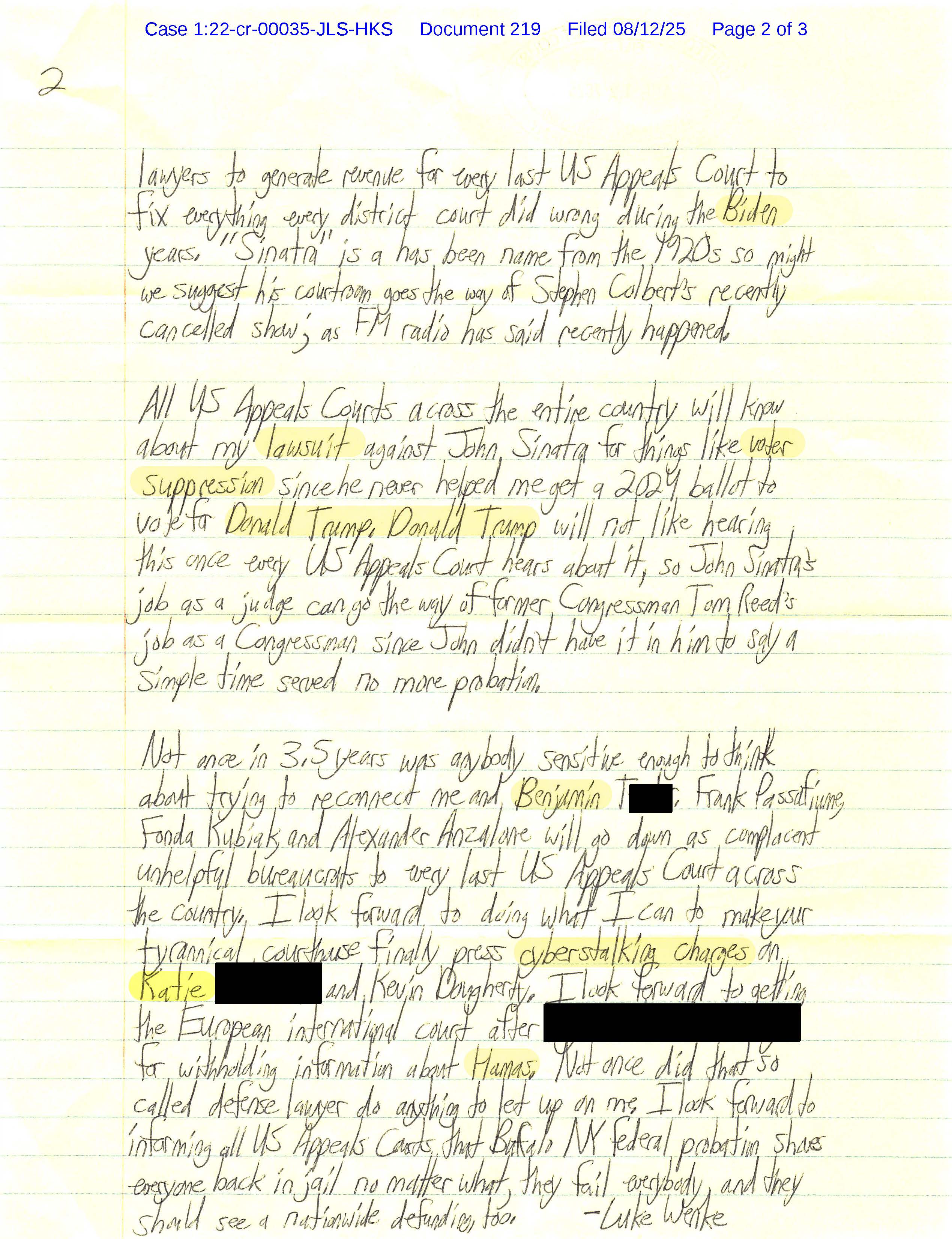 A letter from Luke Wenke to the Honorable Richard J. Arcara; 08/10/2025.