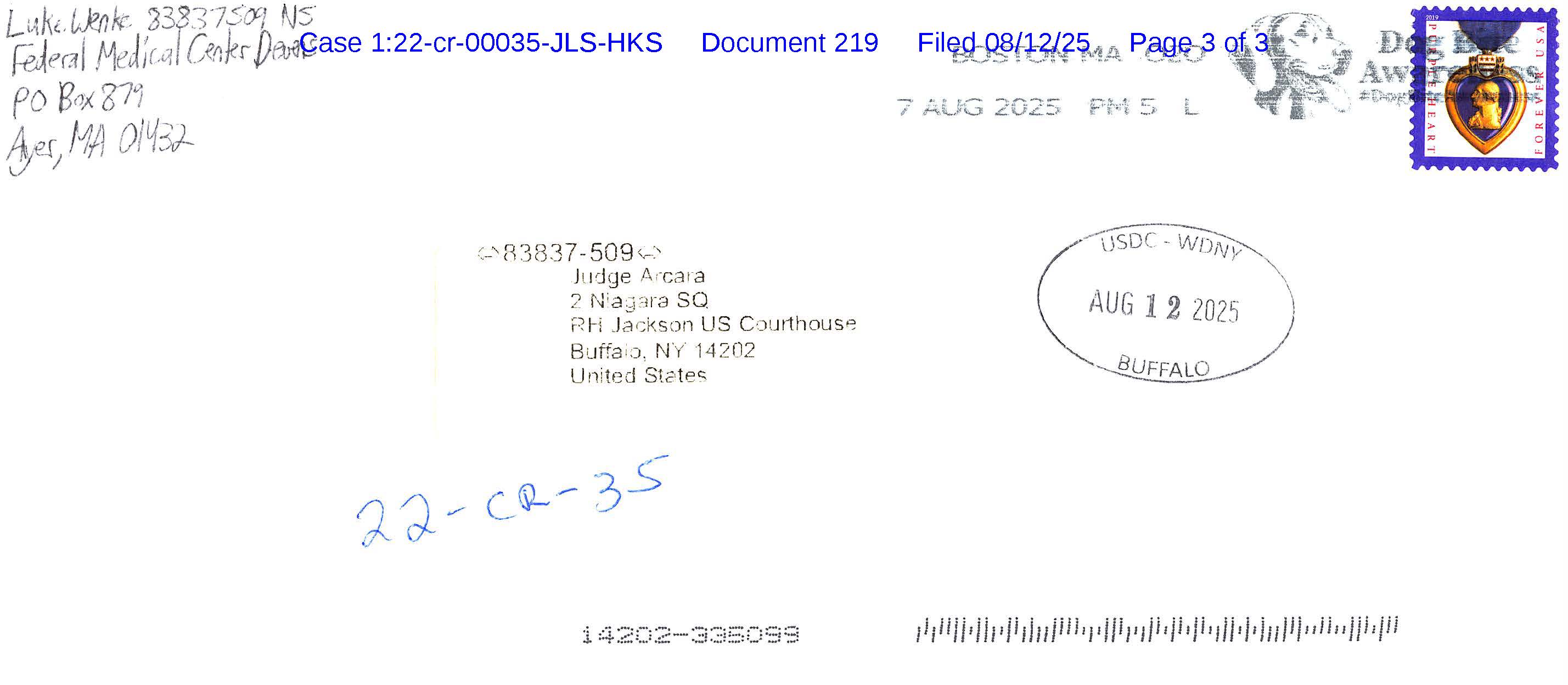 A letter from Luke Wenke to the Honorable Richard J. Arcara; 08/10/2025.