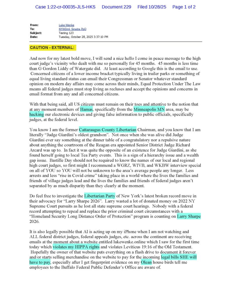 an email from luke wenke to federal judge john sinatra, jr.; 10/28/2025.