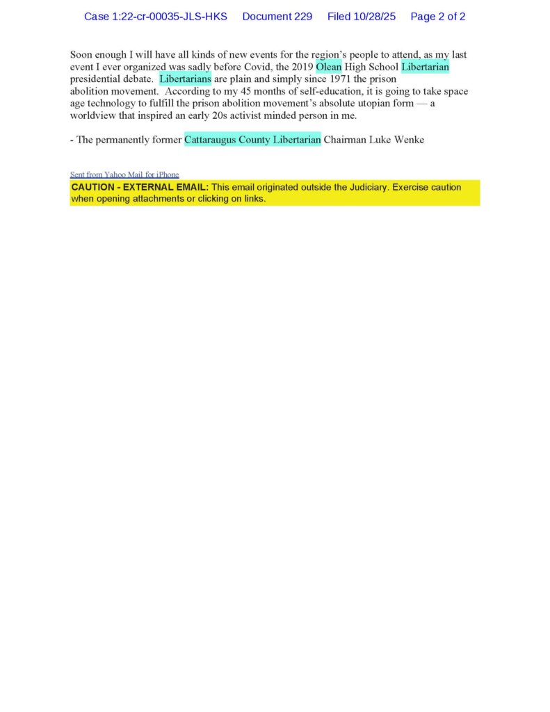 an email from luke wenke to federal judge john sinatra, jr.; 10/28/2025.