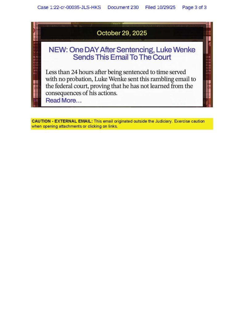 abrasive email from luke wenke to the honorable john l. sinatra jr; october 2025