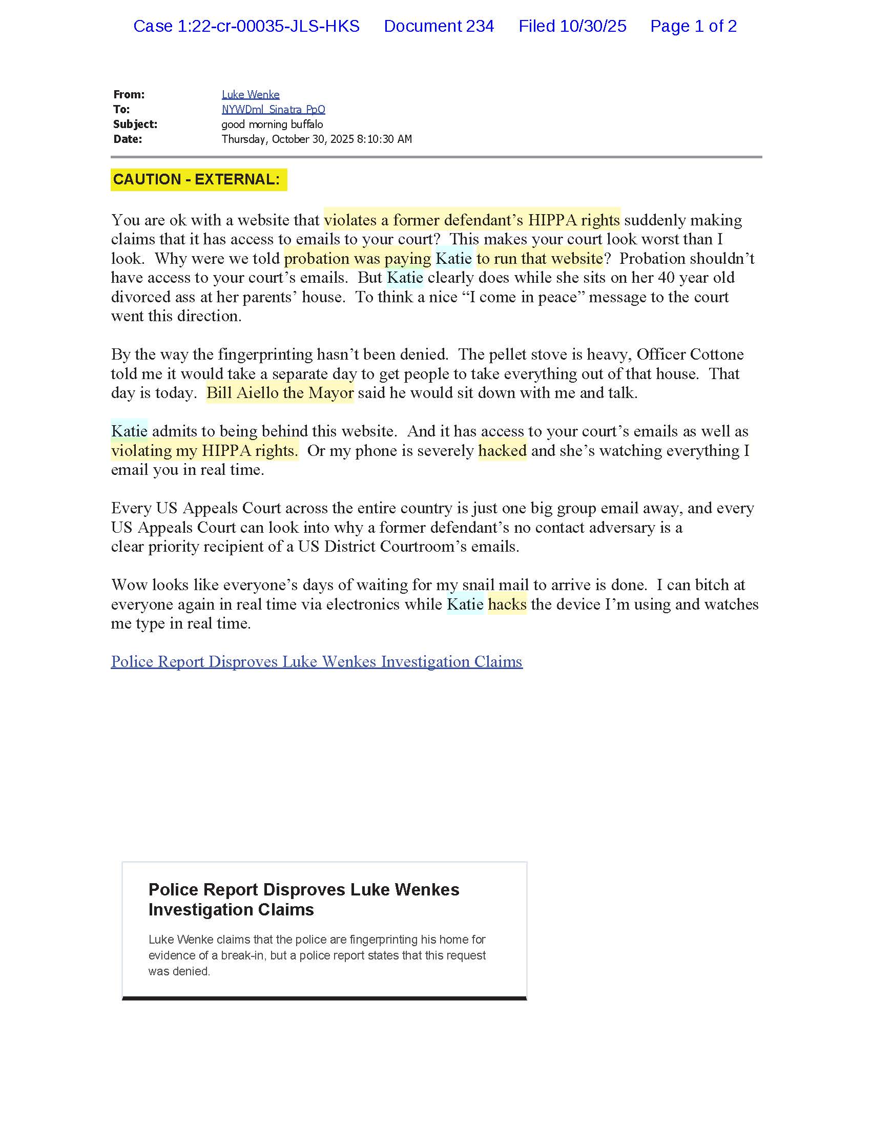 email from luke wenke to judge john sinatra jr.; october 2025