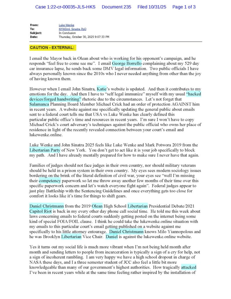 an email from luke wenke to judge john sinatra complaining about stalking victims