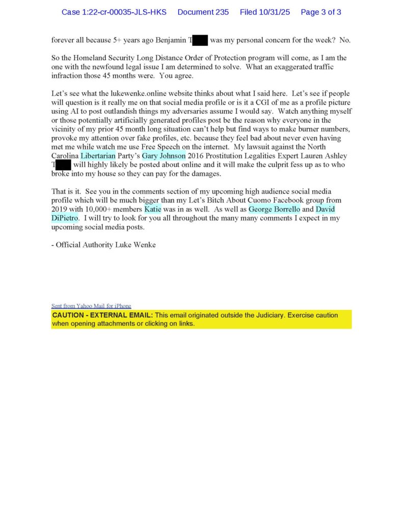 an email from luke wenke to judge john sinatra complaining about stalking victims