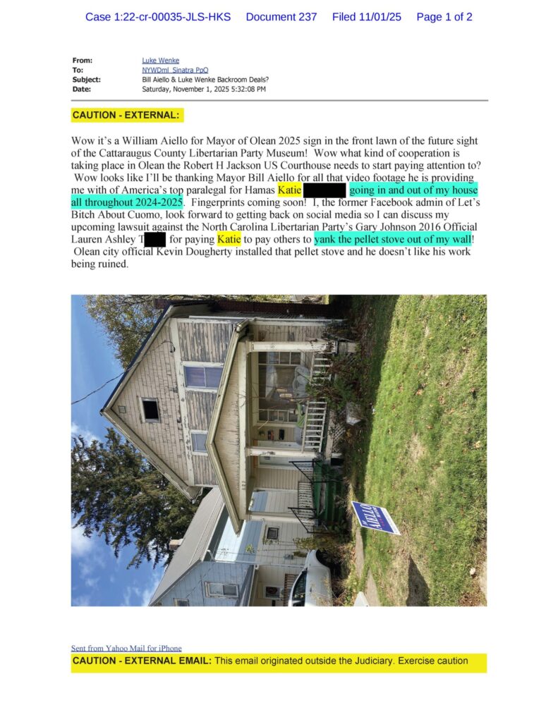 an email from luke wenke to judge john sinatra falsely accusing stalking victim katie of home burglary november 2025