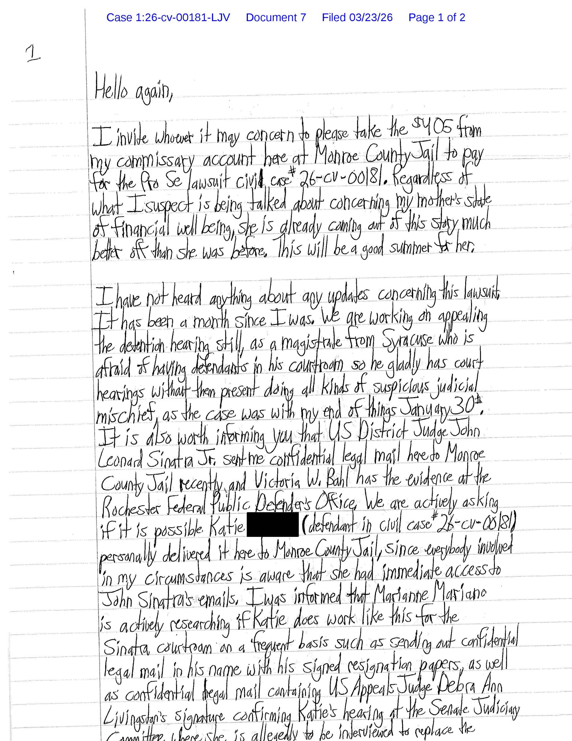 A letter from Luke Wenke to federal judge Lawrence Vilardo; March 2026.