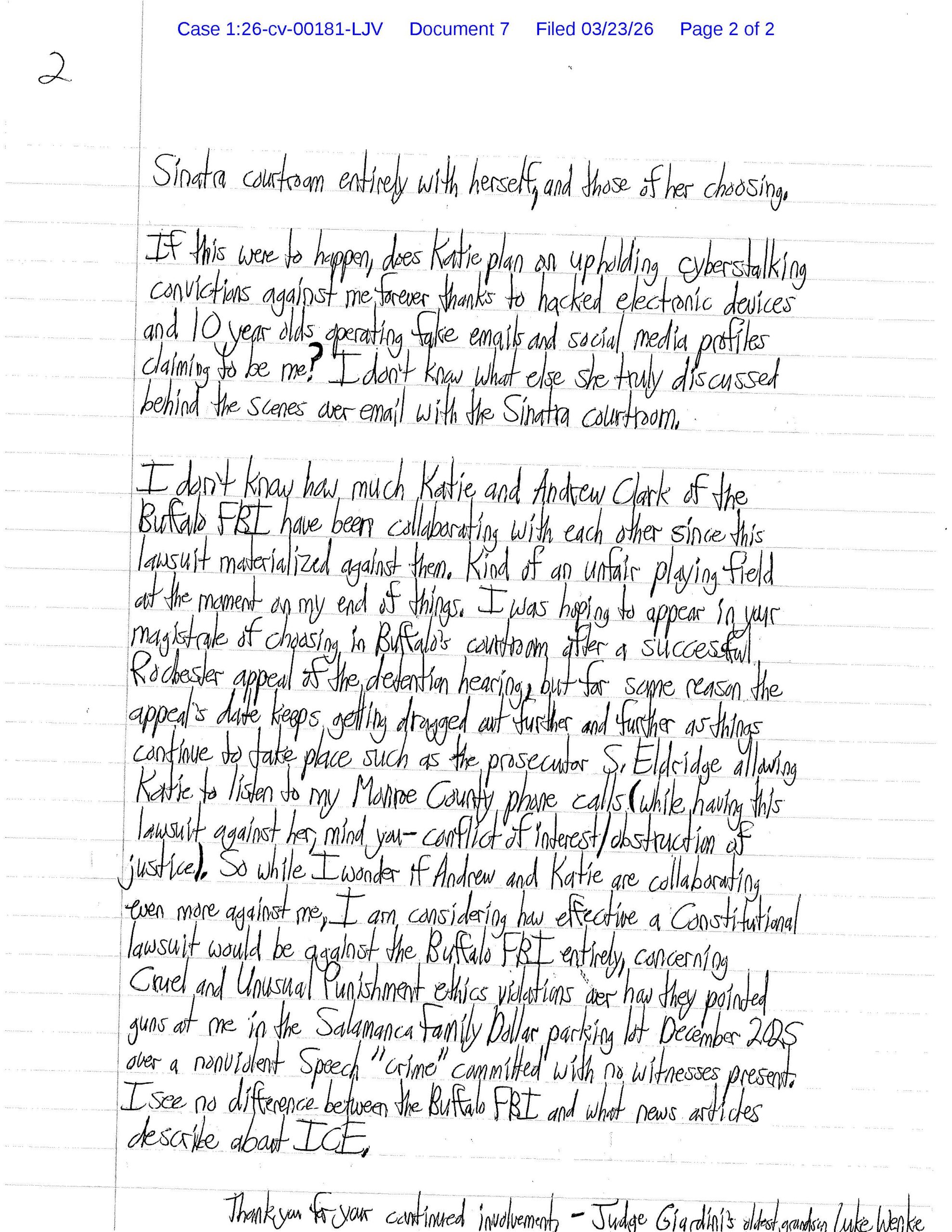 A letter from Luke Wenke to federal judge Lawrence Vilardo; March 2026.