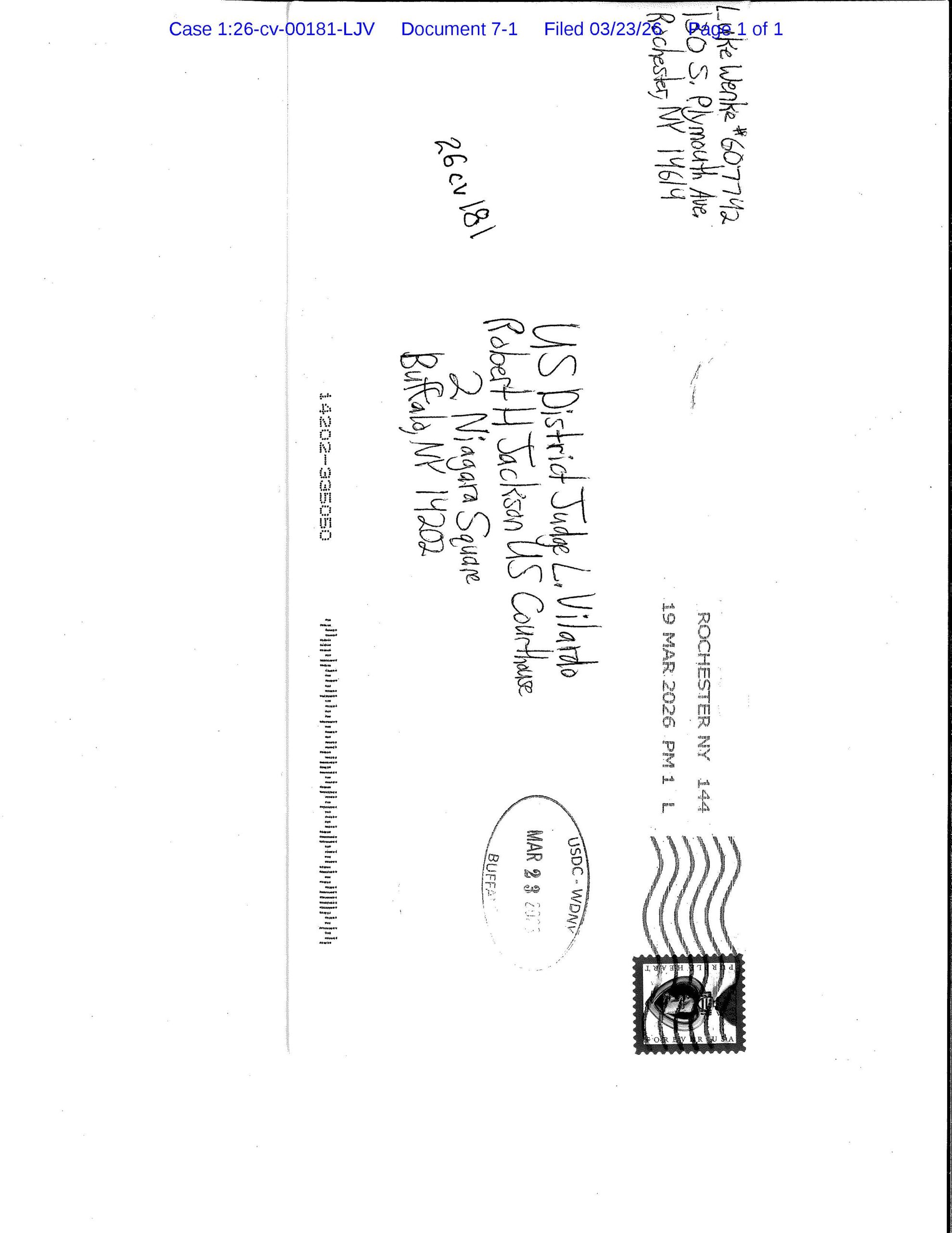 A letter from Luke Wenke to federal judge Lawrence Vilardo; March 2026.