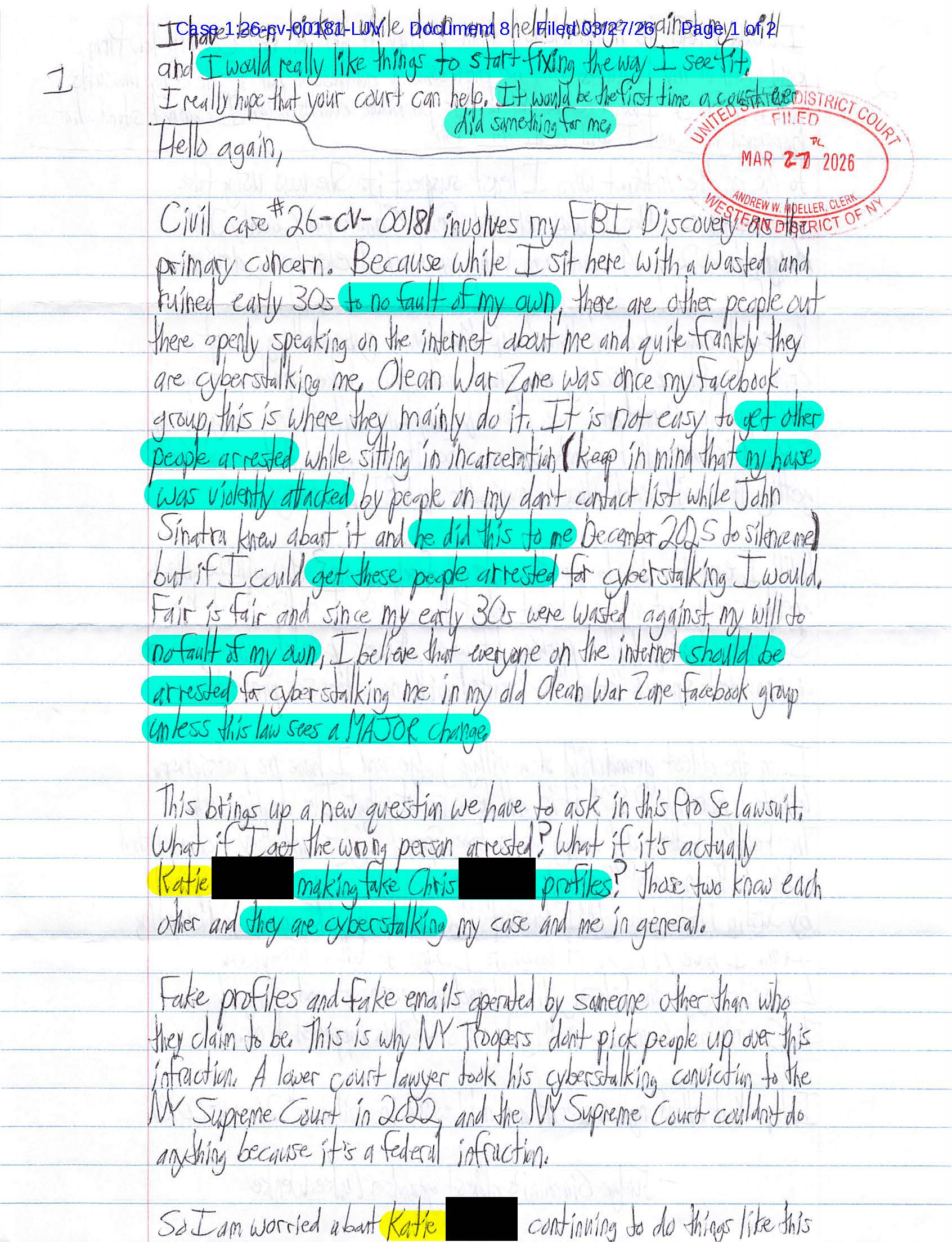 A letter from Luke Wenke to federal judge Lawrence Vilardo; March 2026.