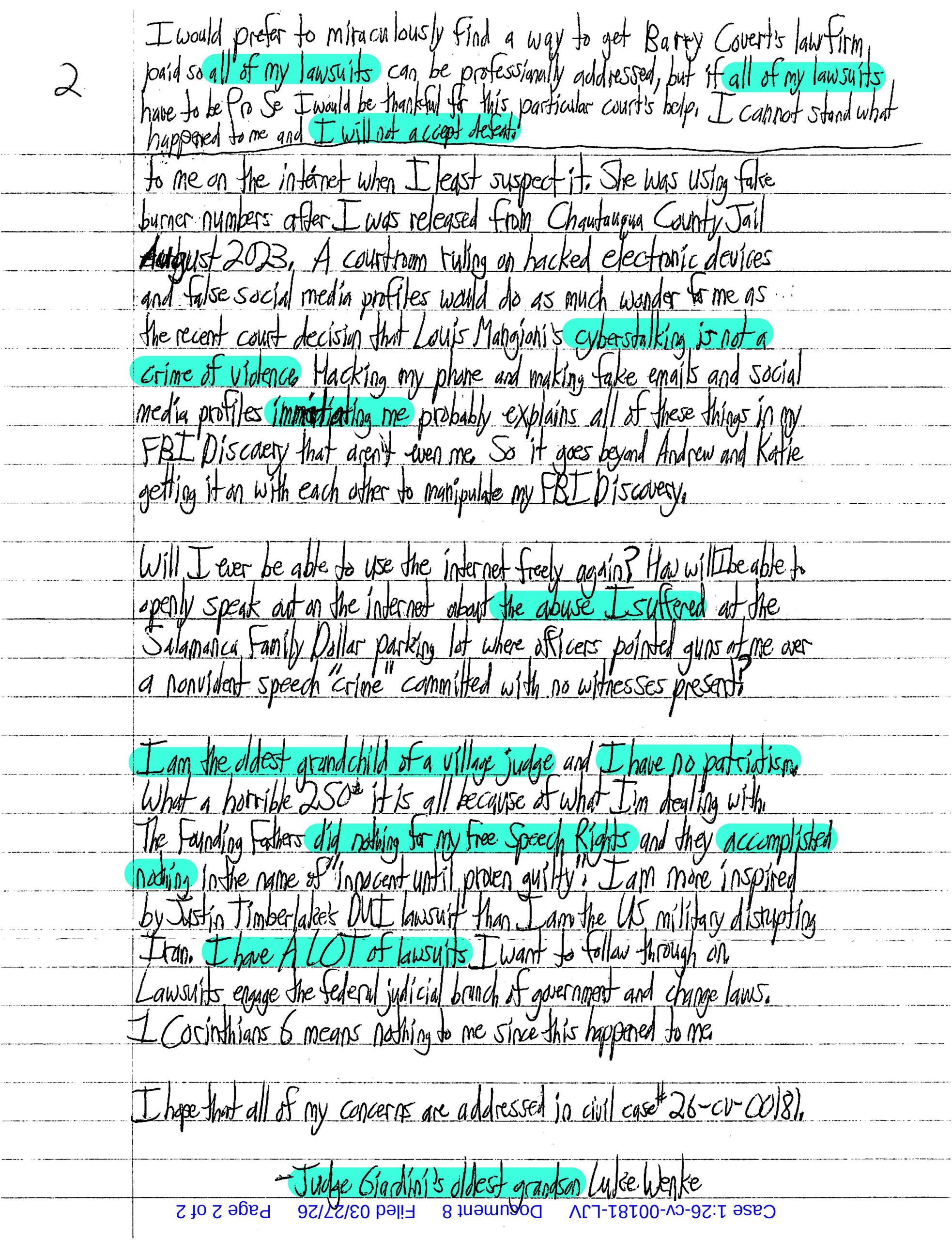 A letter from Luke Wenke to federal judge Lawrence Vilardo; March 2026.