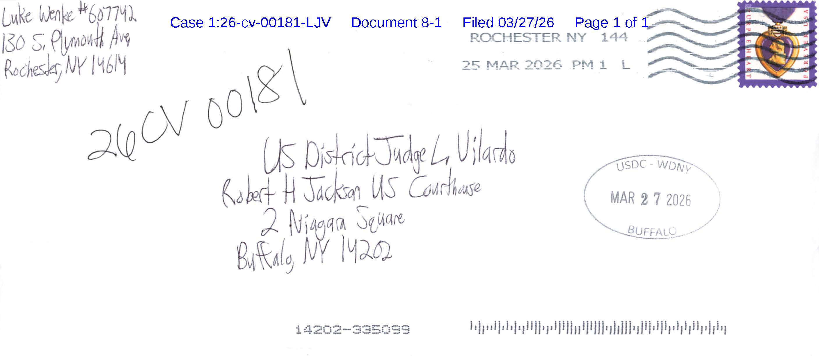 A letter from Luke Wenke to federal judge Lawrence Vilardo; March 2026.