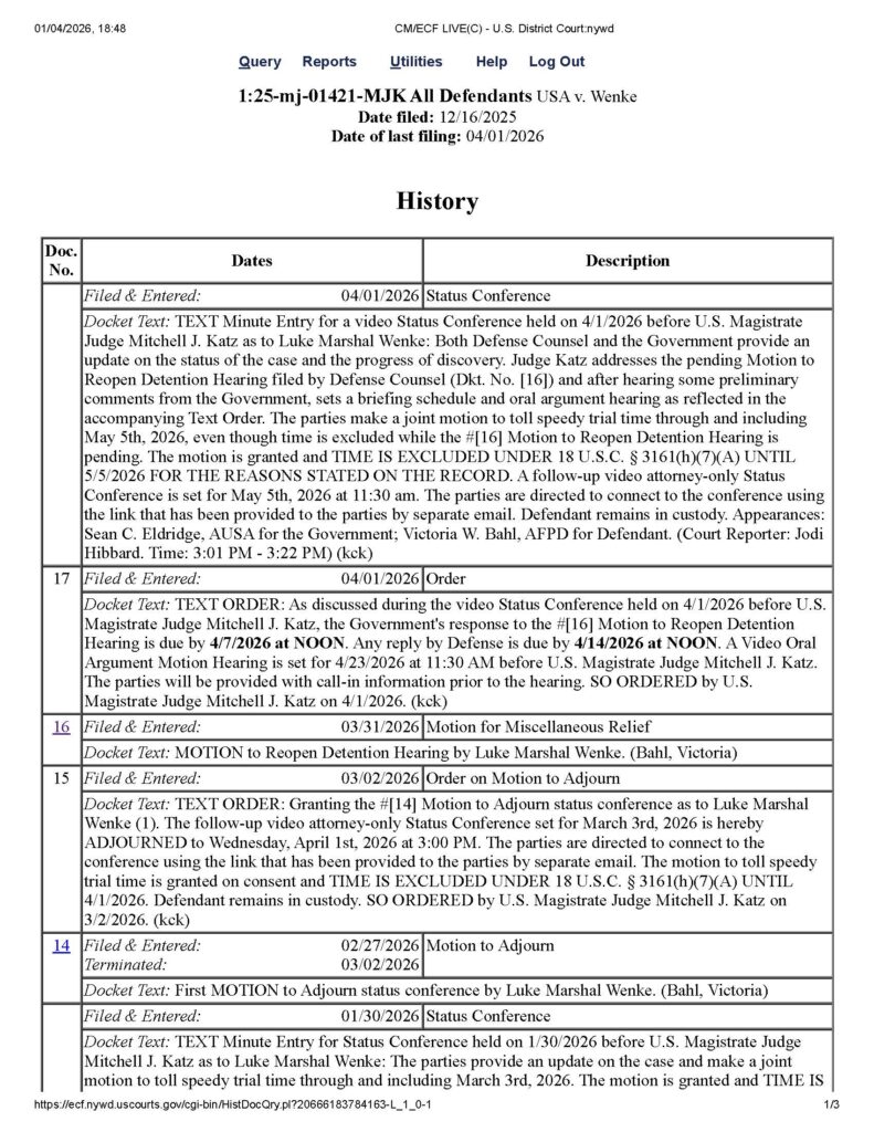 docket report for usa v luke wenke cyberstalking case 04-01-2026